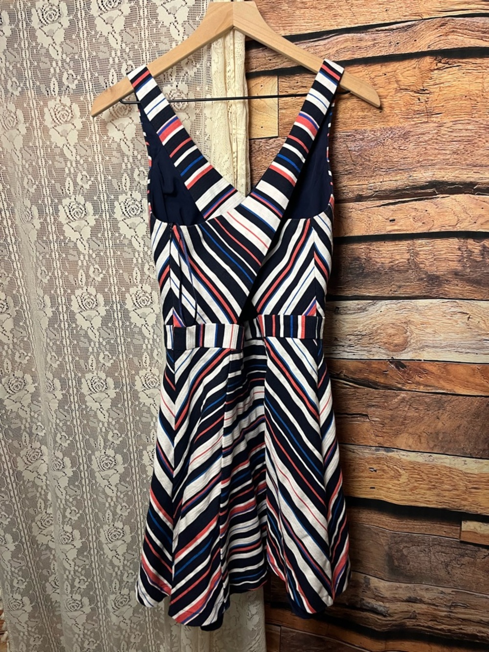 Adelyn Rae Striped V-Neck Fit & Flare Dress in Navy, White & Coral - Picture 6 of 9